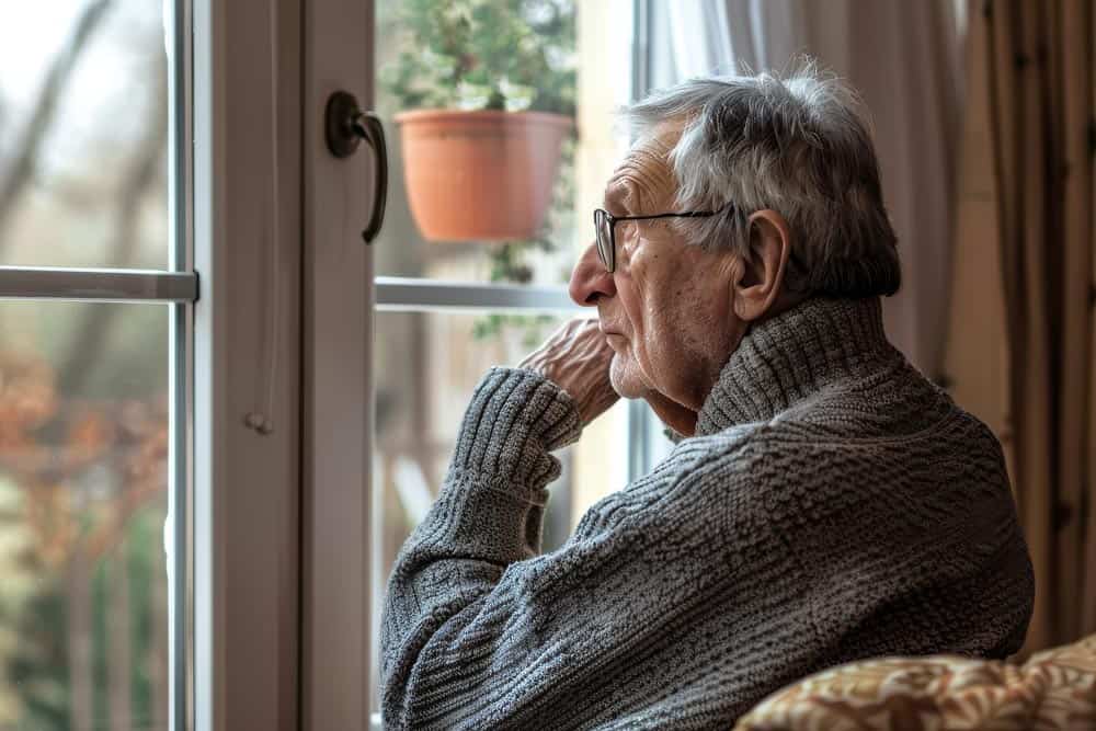 Estate e Solitudine degli Anziani uomo anziano che guarda fuori dalla finestra casa